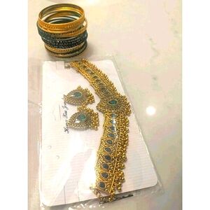 Gold & Green Indian Wedding Jewelry - Necklace, Bangles, 2 Pairs Erraings